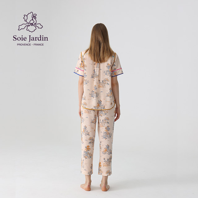 soiejardin3# Sauvignon Blanc silk crepe de chine printed short-sleeved home wear contrasting trim ຊຸດສາມຊິ້ນ