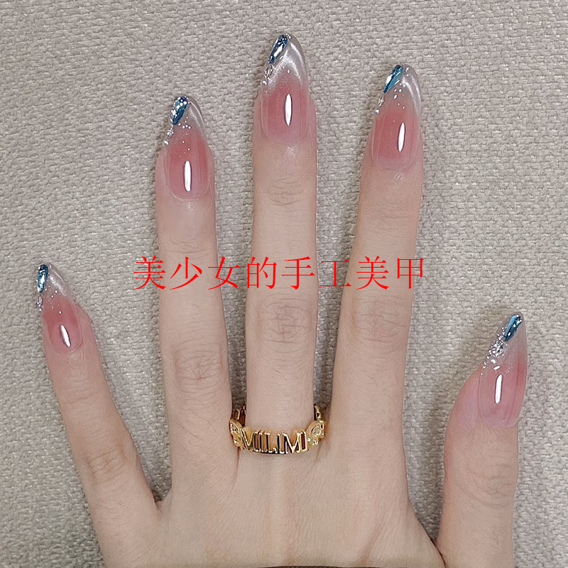 * | Handmade Personalized Wearable Nails | French-Style Cat-Eye Light Luxury Nail Art with Blue Teardrop Diamonds in an Instagram Style.