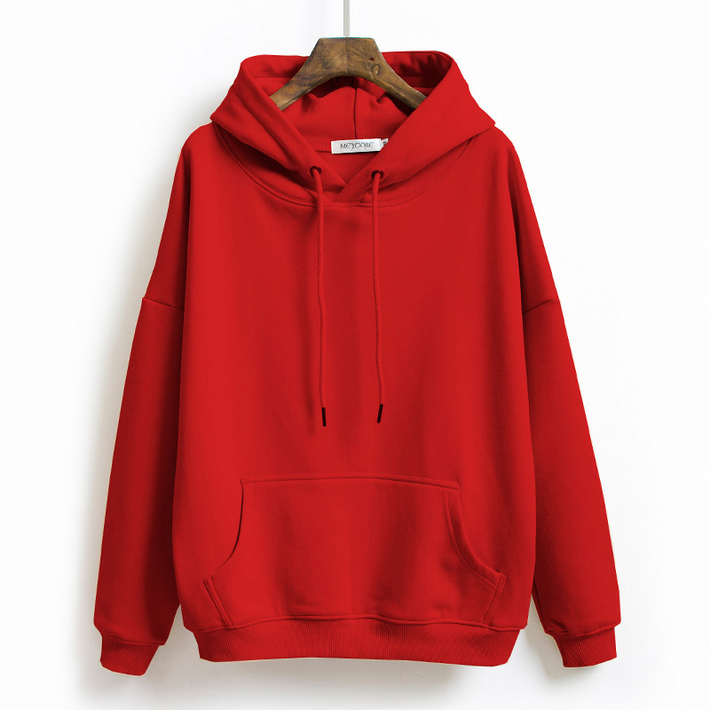New Style Women's Hooded Sweatshirt in Bright Red, Thin and Large Size, Pure Cotton, with Hood, for Autumn and Winter, with Added Fleece and Thickened Hoodie