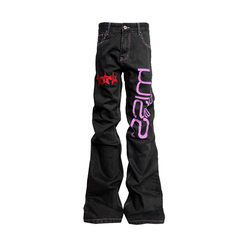 Detw "Purple Line" Black Denim Fully Embroidered with Curved Knife Cut, Slightly Flared, Stacked Effect, Slimming, Versatile Studded Jeans for Men and Women