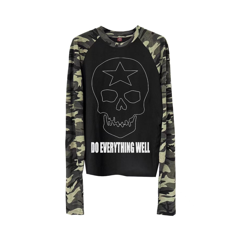 Detw 25Aw* Original Niche Light-Millennial Skull Camouflage Raglan Sleeve Long-Sleeve T-Shirt Base Layer for Men and Women