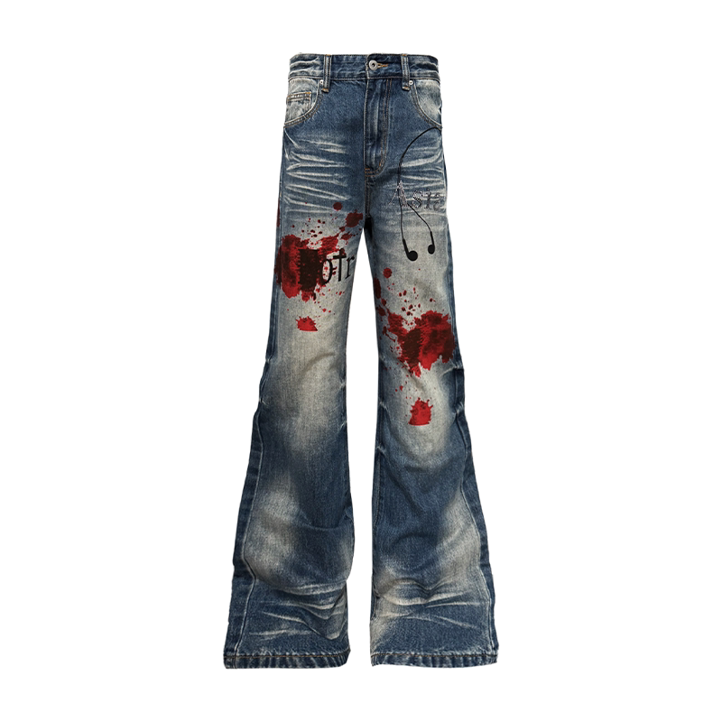Detw "桖渍" Lightning Pattern Washed Rhinestone Vintage Blue Fitted Flared Knife-Cut Stacked Slimming Jeans for Men and Women