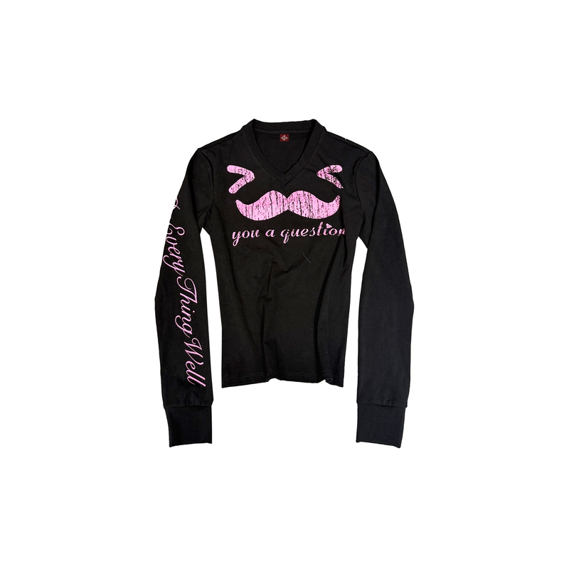 Detw "Mustache" Emoticon Slogan Digital Print Commuting Shoulder-Baring V-Neck Slimming High-End Long-Sleeve T-Shirt for Women