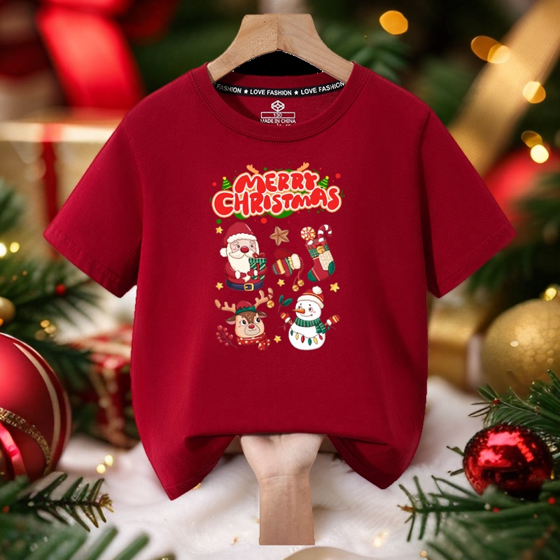 Christmas Children's Short-Sleeved Pure Cotton Round-Neck Loose Red T-Shirt for Boys and Girls, Half-Sleeve Base Shirt Trendy