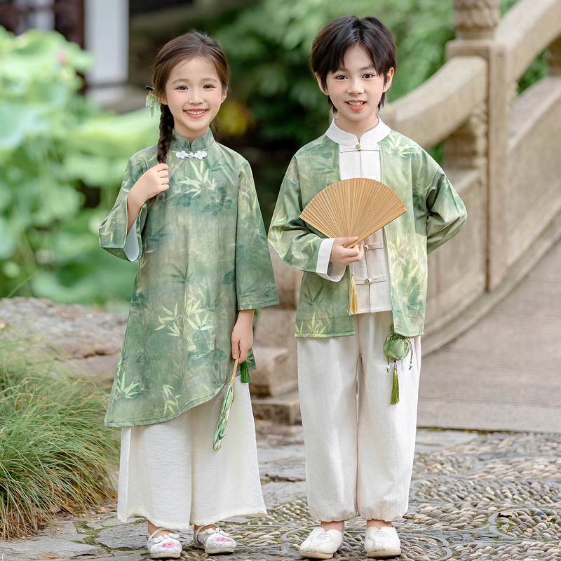 Children's First-Grade Class Uniform, New Chinese-Style Bamboo Peace Sign Hanfu, National Day Performance Costume, Chinese-Style Tang Suit Performance Costume