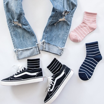 Socks womens striped midline socks ins tide spring and autumn thin womens black cotton stockings Korea wild cute Japanese