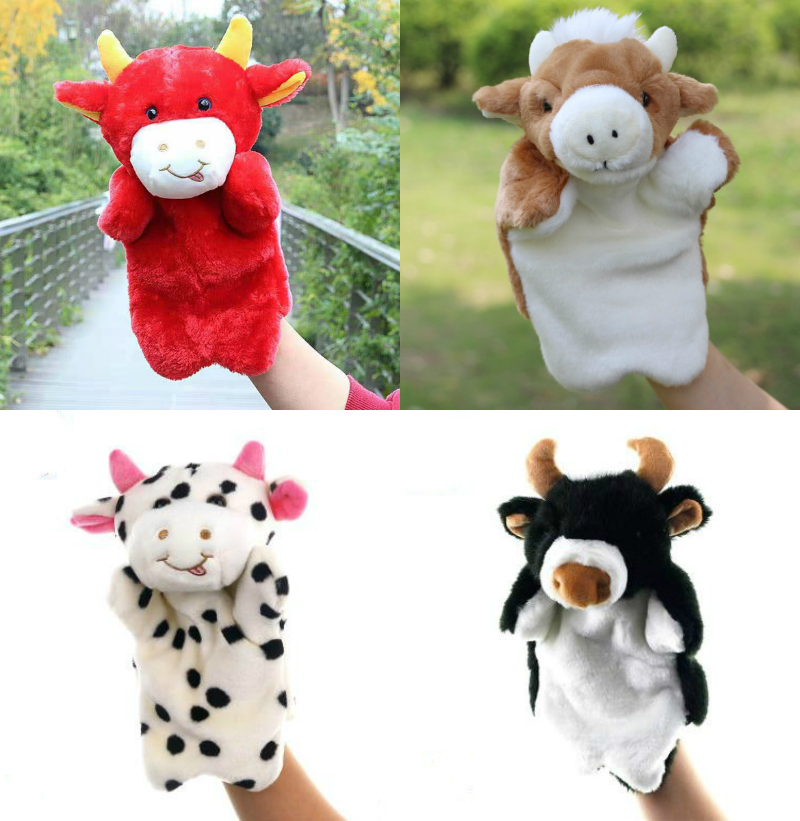 Promotional large animal hand puppet toy cow plush gloves soothing doll children storytelling finger puppet doll