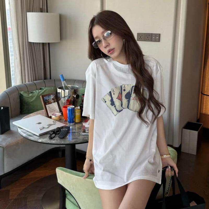 LA短袖T恤男女情侣落肩袖宽松百搭印花上衣白色
