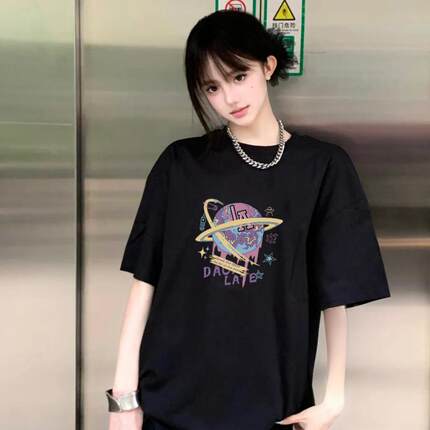 LA短袖T恤男女情侣落肩袖宽松百搭印花上衣白色