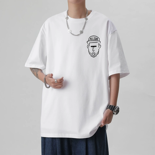 Белая летняя хлопковая спортивная футболка, с рукавом, свободный крой, в американском стиле, короткий рукав