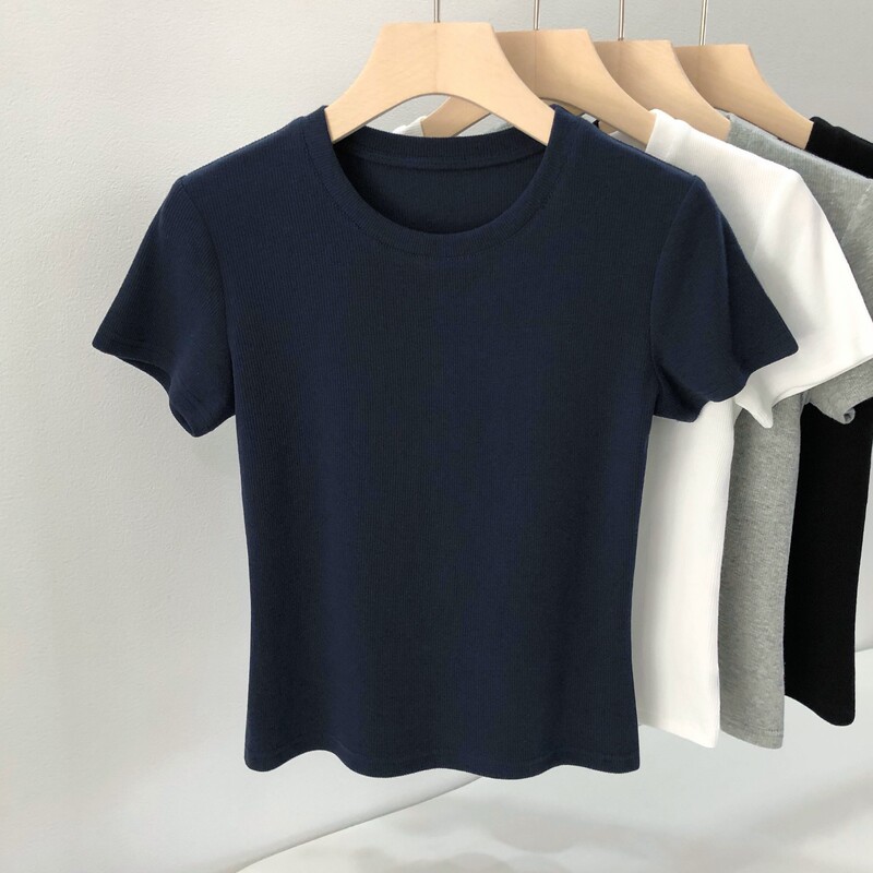Pure Cotton Regular Shoulder Slim-Fit Knit Short-Sleeve T-Shirt for Women 2026 New Short Ribbed Basic Versatile Round Neck Top Pure Cotton Regular Shoulder Slim-Fit Knit Short-Sleeve T-Shirt for Women 2026 New Short Ribbed Basic Versatile Round Neck Top