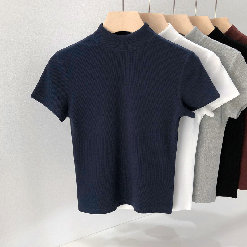 Miu Series Half-High Collar Pure Cotton Short-Sleeve T-Shirt for Women, Ribbed 2026 Summer New Slim-Fit Knit Top, Elegant Base Shirt Miu Series Half-High Collar Pure Cotton Short-Sleeve T-Shirt for Women, Ribbed 2026 Summer New Slim-Fit Knit Top, Elegant Base Shirt