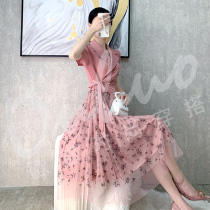 Ou clothing flagship store (Ou) temperament socialite net gauze floral dress long temperament summer