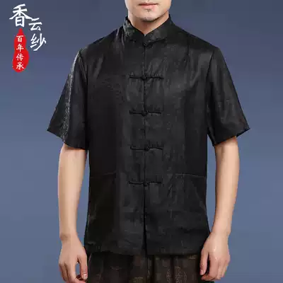 Silk fragrant cloud yarn Tang suit male middle-aged and elderly men's Chinese style buckle large size father's mulberry silk short sleeve summer dress