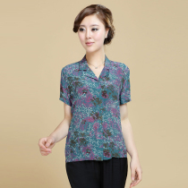 Summer dress middle-aged and elderly silk short sleeve shirt female mother dress mulberry silk double crepe old print shirt loose womens clothing