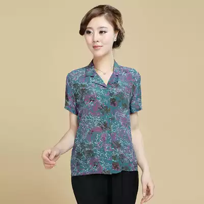 Summer dress middle-aged and elderly silk short sleeve shirt female mother dress mulberry silk double crepe old print shirt loose women's clothing