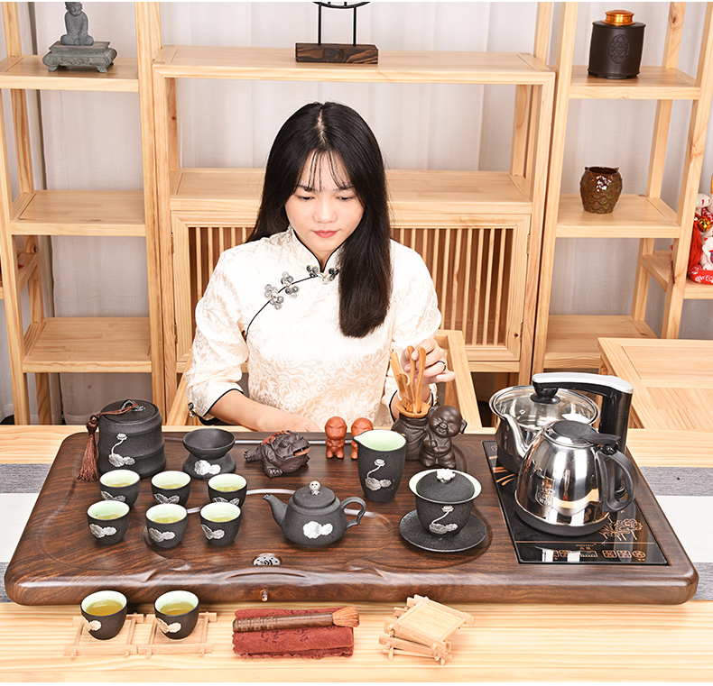 HaoFeng kung fu purple sand tea set the home office of a complete set of tea sets tea cups of electrical accessories solid wood tea tray