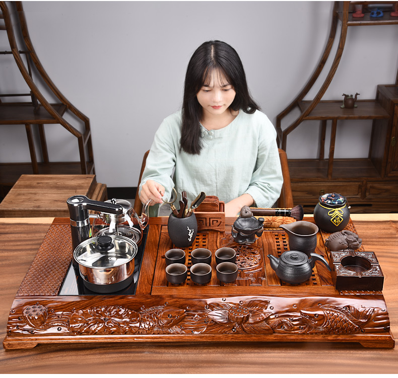 HaoFeng kung fu tea set of a complete set of ceramic tea sets automatic four hua limu tea tray and electric heating furnace is contracted