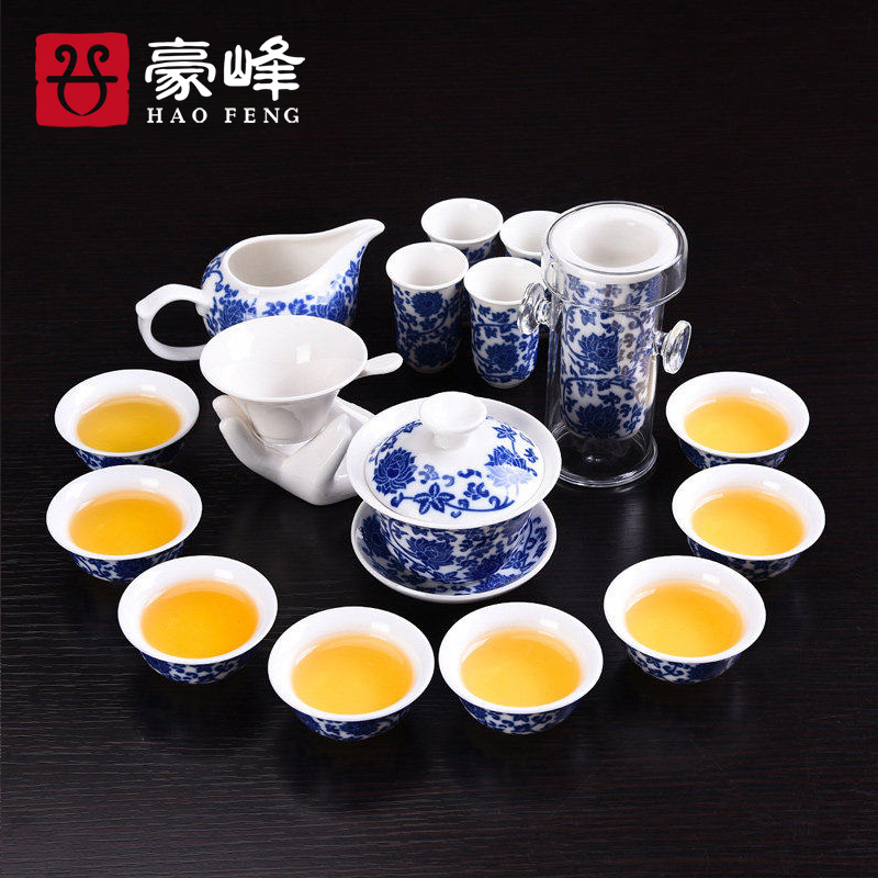 HaoFeng blue and white porcelain tea set suit household kung fu tea tea, teapot teacup tea sea GaiWanCha dao fittings