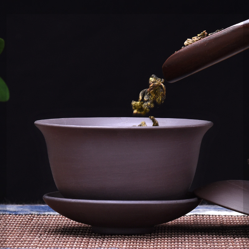 HaoFeng violet arenaceous kung fu tea set suit household contracted tureen tea cups in the office of a complete set of tea, the tea is taking