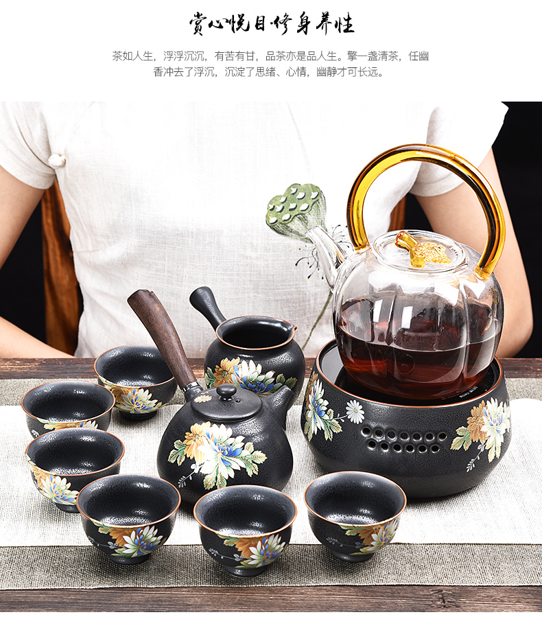 HaoFeng kung fu tea set ceramic hand made black pottery teapot teacup household utensils side teapot gift boxes