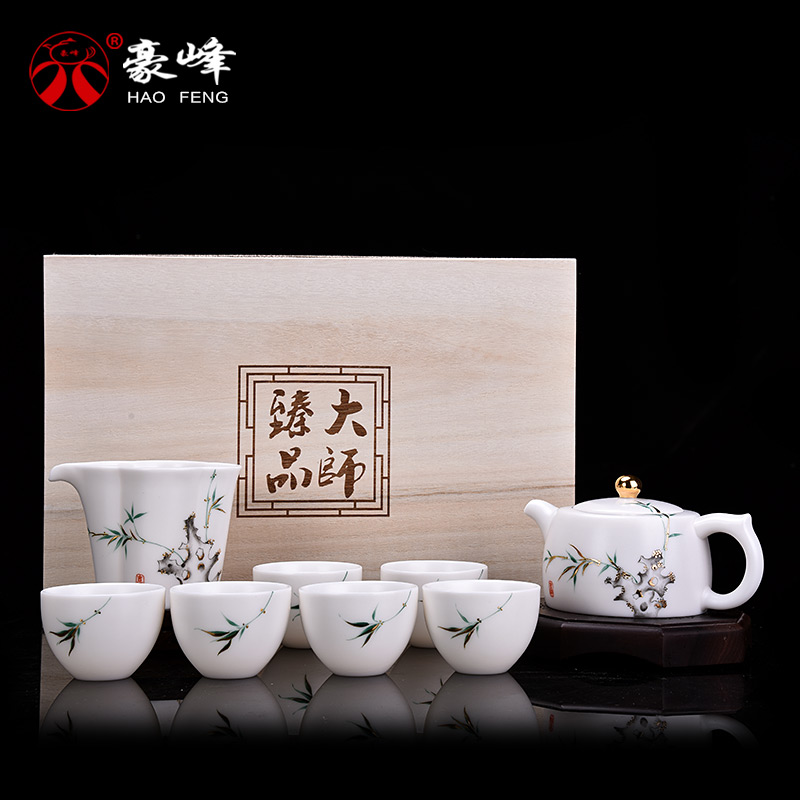 HaoFeng contracted tureen kung fu tea set porcelain dehua suet jade white porcelain of a complete set of tea tea