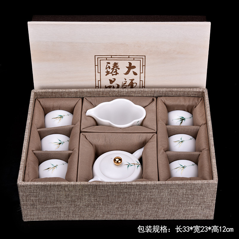 HaoFeng contracted tureen kung fu tea set porcelain dehua suet jade white porcelain of a complete set of tea tea