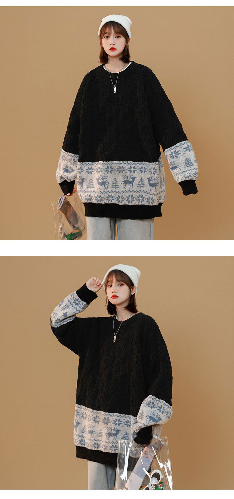 Women's Cartoon Jacquard Knit Sweater Loose Fit Pullover_voghion.com
