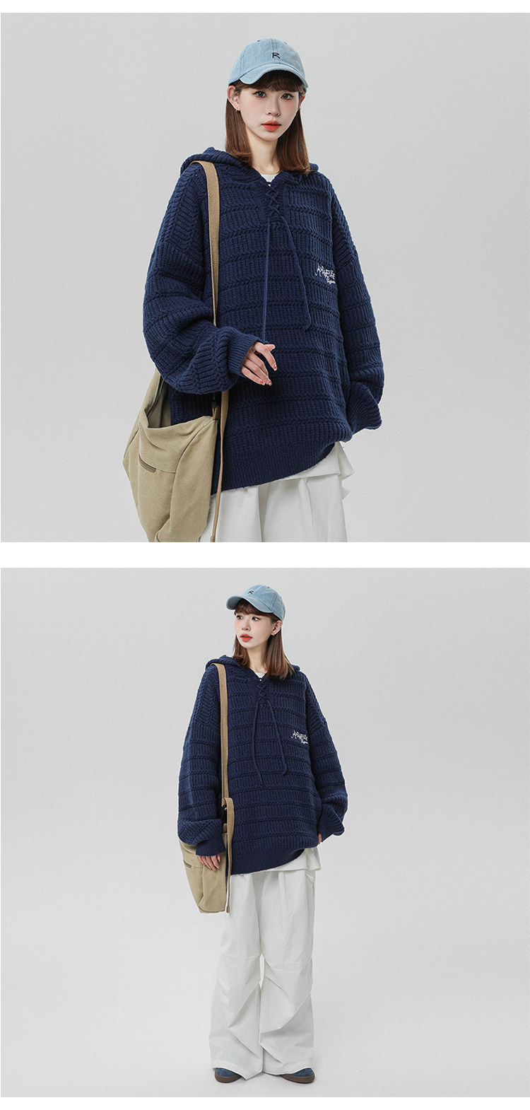 Women's Hooded Sweater Knitted Jumper With Drawstring And Embroidery_voghion.com