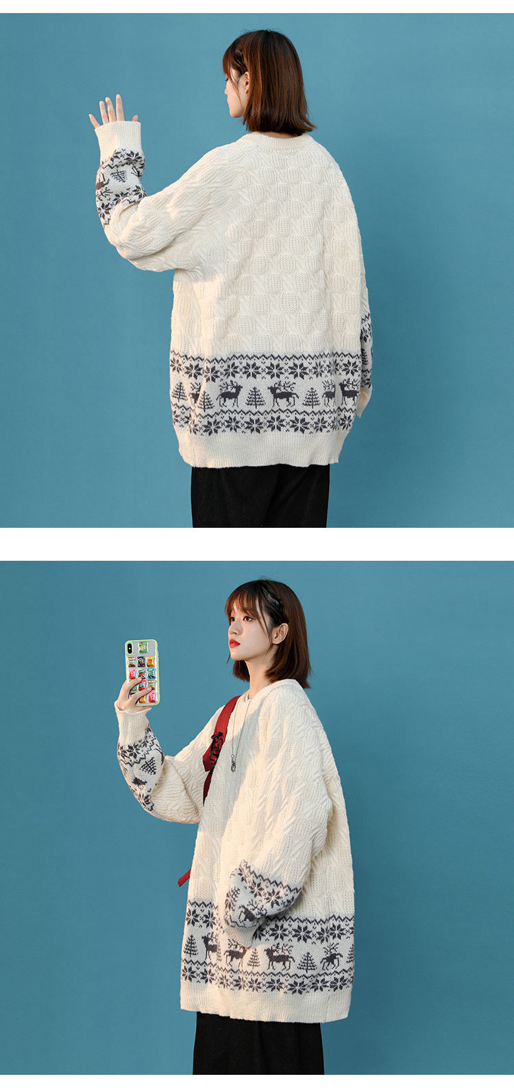 Women's Cartoon Jacquard Knit Sweater Loose Fit Pullover_voghion.com