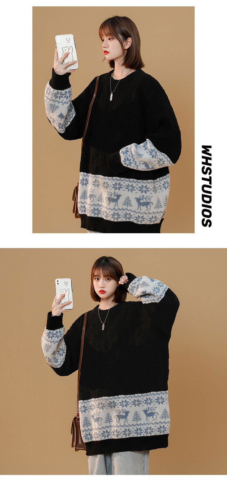 Women's Cartoon Jacquard Knit Sweater Loose Fit Pullover_voghion.com