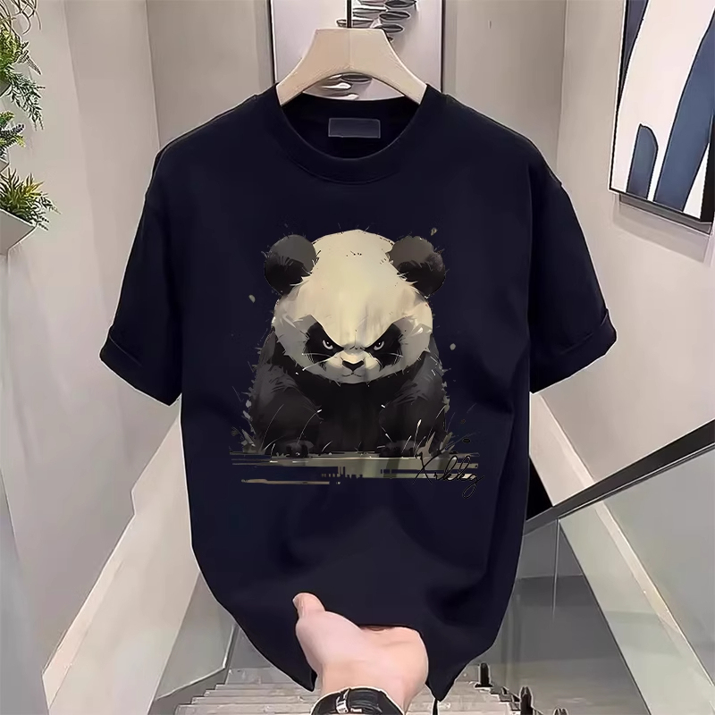 Plus Size 150kg Chinese Style Panda Print Short-Sleeve T-Shirt for Men and Women, Loose Fit, Heavy Cotton Half-Sleeve Top for Summer