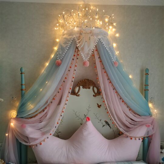 New princess bed curtain, cute Nordic pink girly heart macaron color decorative gauze triangle lace blue with crown