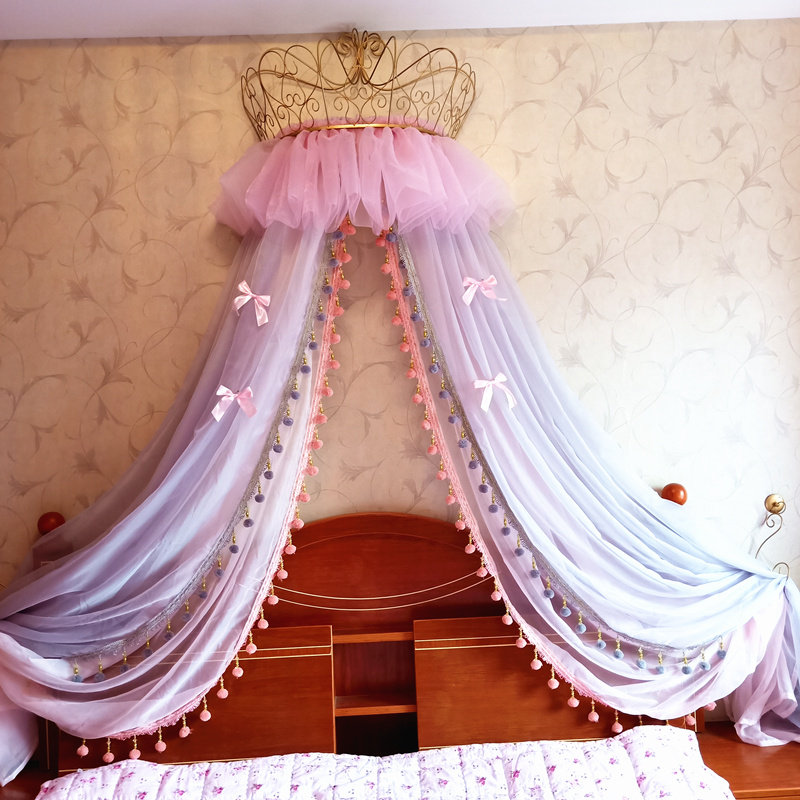 New products European-style princess bed mantle fluffy curtain head yarn pink young girl hearts decorated yarn tent wool ball double layer delivered butterfly knot-Taobao