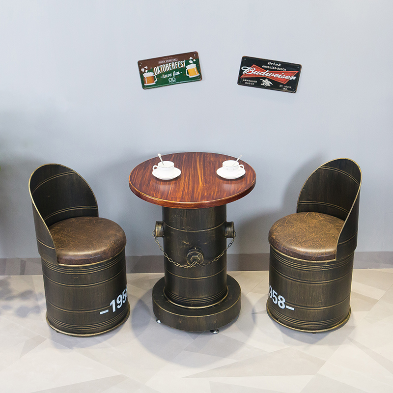 Retro Iron Art Solid Wood Casual Bar Milk Tea Shop Table And Chairs Combined Creative Bar Coffee Hall Oil Barrel Chair Round Stool