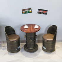 Retro Wrought iron solid wood leisure bar milk tea shop table and chair combination Creative bar cafe oil bucket chair round stool