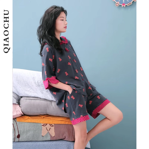 Летняя хлопковая тонкая милая пижама, комплект, домашняя одежда, короткий рукав, с медвежатами