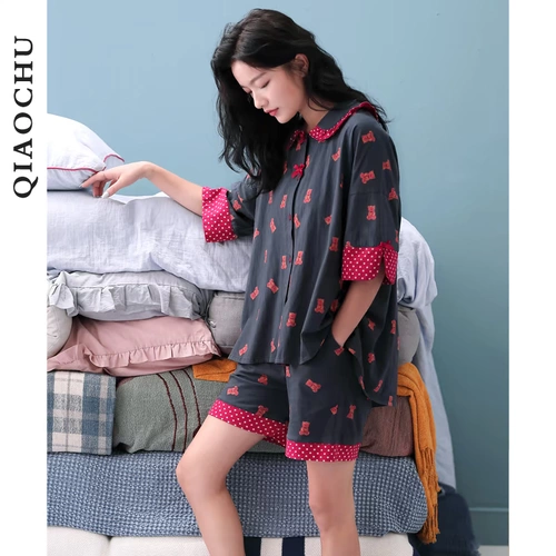 Летняя хлопковая тонкая милая пижама, комплект, домашняя одежда, короткий рукав, с медвежатами