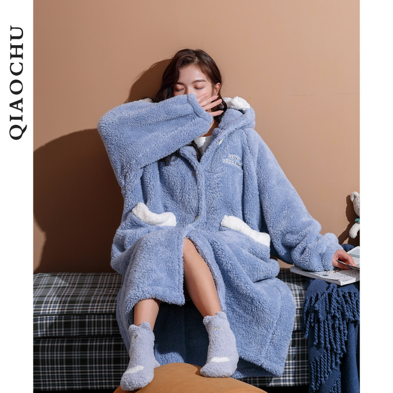 Coral Suede Sleeping Robe Woman Autumn Winter Medium Long Version Thickened Flannel Pyjamas Women's Winter Bathrobe Home Suits Suit Can Be Worn Out
