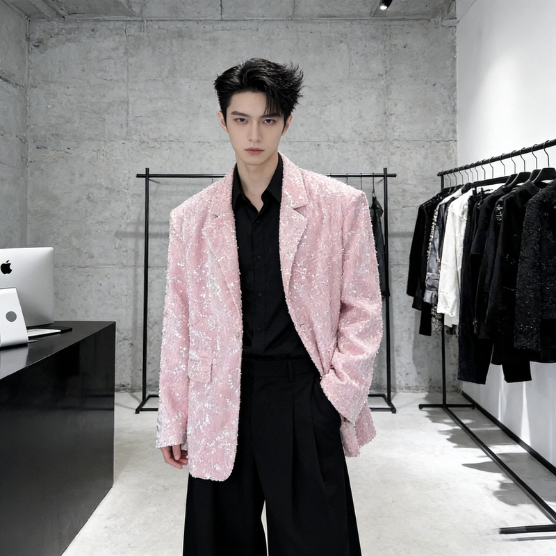 High-End Pink Sequined Shoulder-Padded Suit Jacket for Men, Loose Casual Suit, Stage Performance Outfit