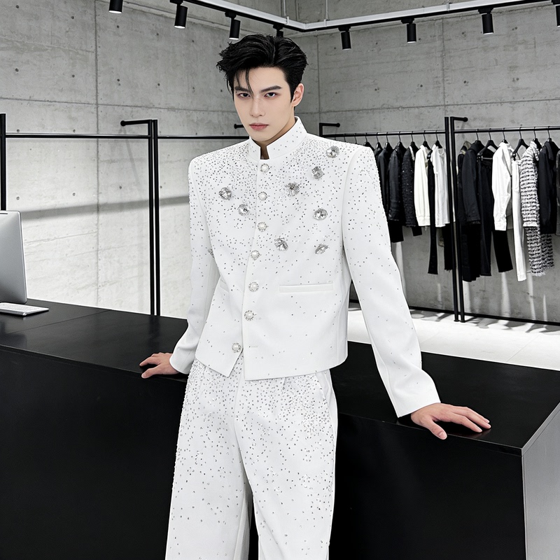 Heavy-Duty Rhinestone-Studded Star-Patterned Stand-Collar Floral Suit, High-End Suit Jacket with Straight-Leg Pants Men's Set