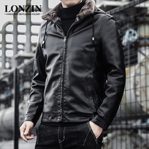 Leather and wool mens fur collar leather jacket plus velvet thickened winter new leather jacket trend handsome hooded leather jacket