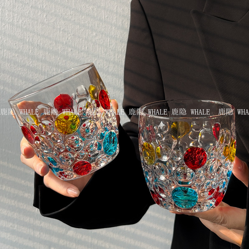 Internet-Famous New Style Painted Polka Dot Colored Glass Cup with Creative Design, Large Capacity Household Drinking Glass Cup