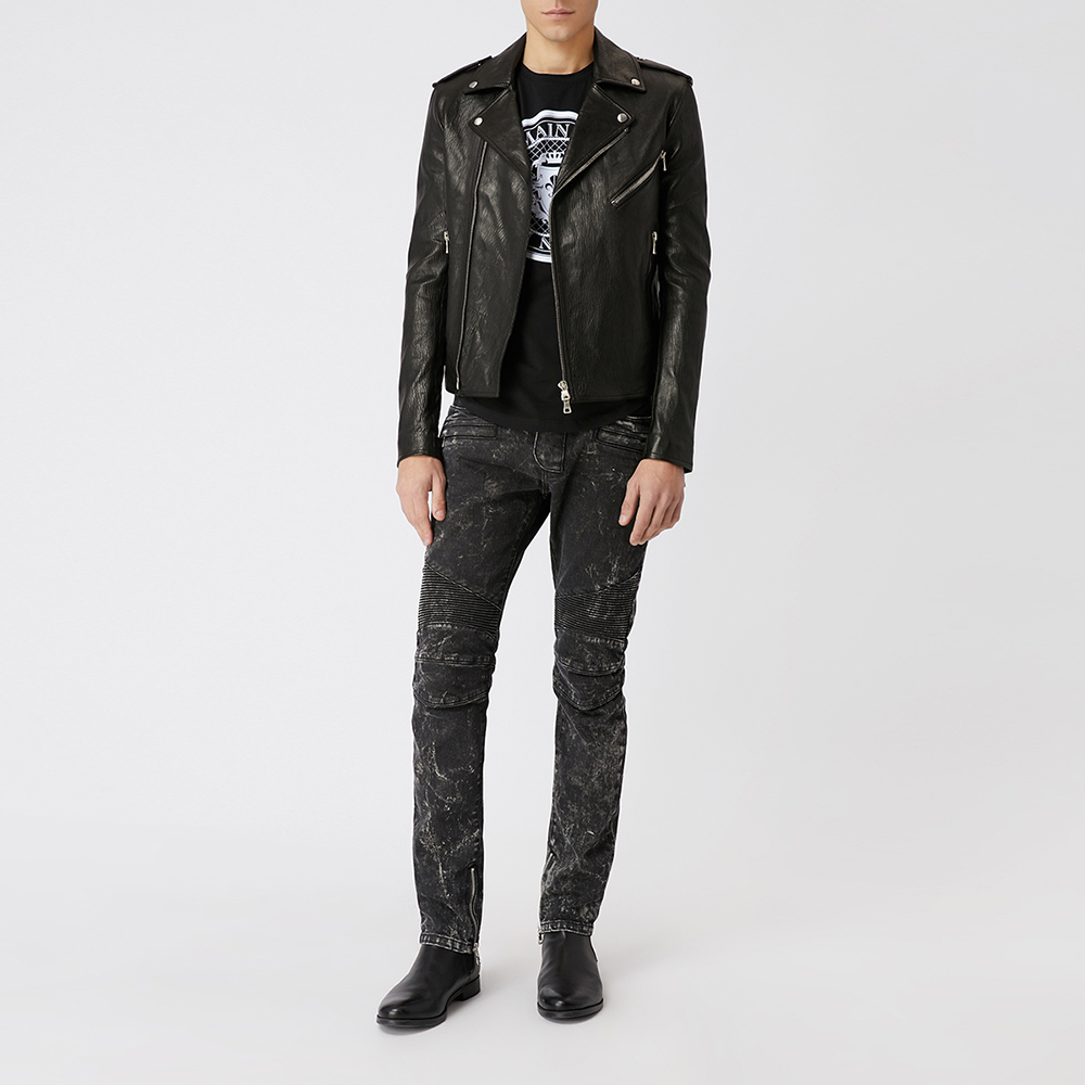 Balmain Balmain BLACK da bò khâu ve áo dài tay ZIP STREET MENS JACKET