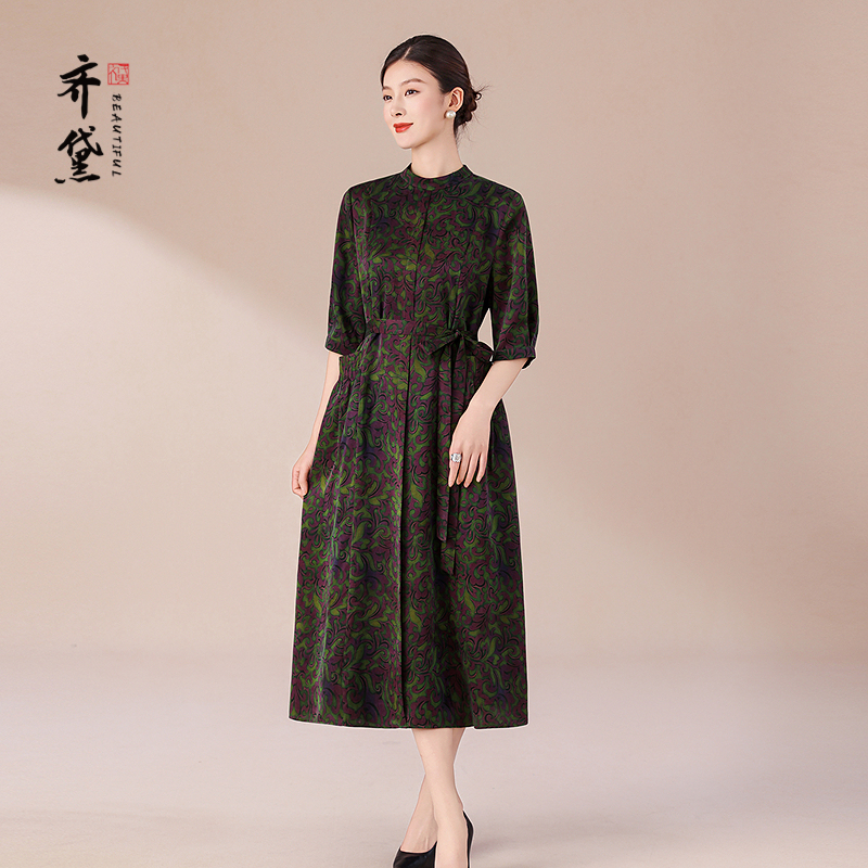 Qidai New Chinese Style Floral Cloud Silk Dress for Women 2026 New Round Neck Mid-Length Mulberry Silk Dress