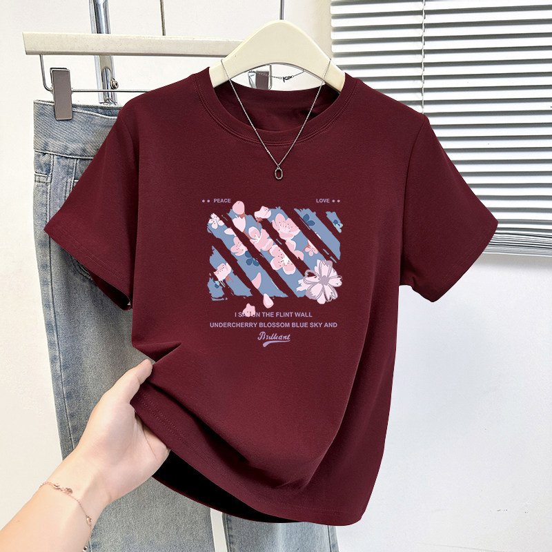 大码休闲纯棉100%宽松减龄洋气印花上衣女气质时尚百搭短袖t恤女