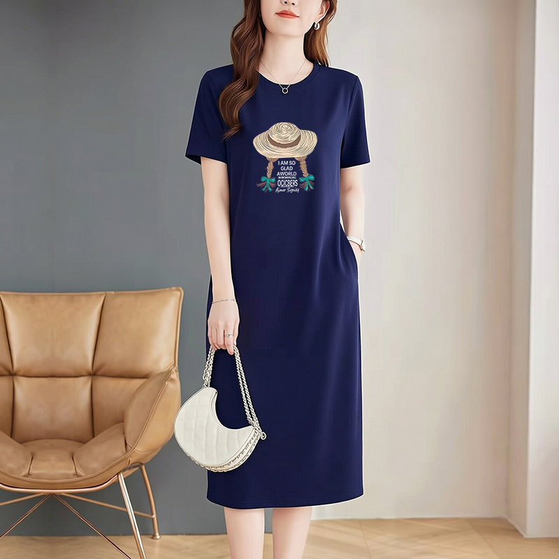 Round Neck Simple Short-Sleeved T-Shirt Dress 2026 New High-End Mid-Length Straight Pure Cotton Elegant A-Line Skirt for Women