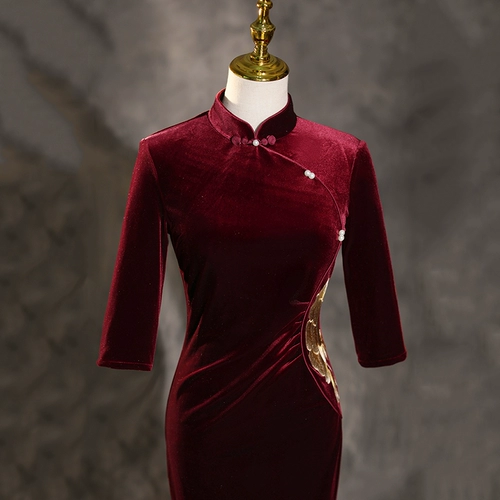Бордовое бархатное ципао, ретро длинный лонгслив, свадебное платье для матери