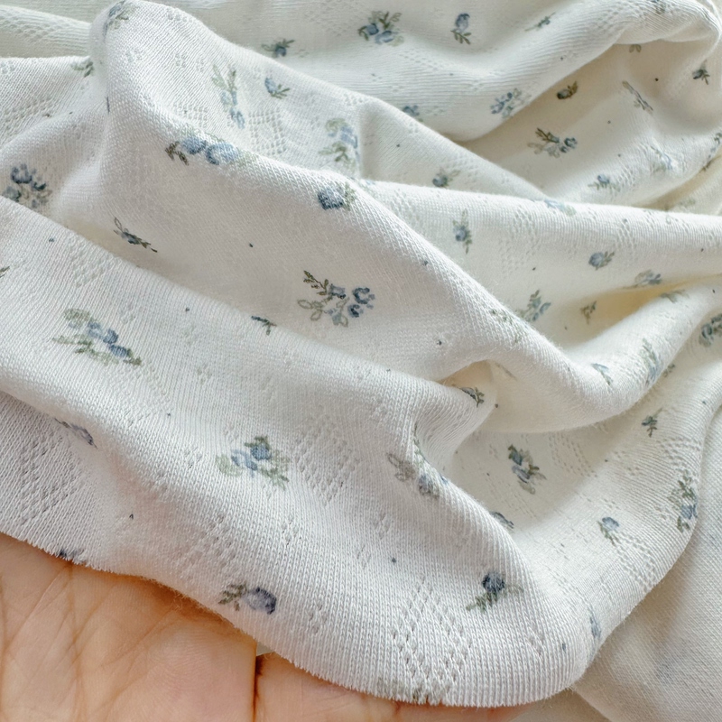 Blue Mist Floral Hollow-Out Breathable Lycra Cotton Stretch Non-Curling Fabric Half-Sleeve Loungewear Underwear Fabric Blue Mist Floral Hollow-Out Breathable Lycra Cotton Stretch Non-Curling Fabric Half-Sleeve Loungewear Underwear Fabric