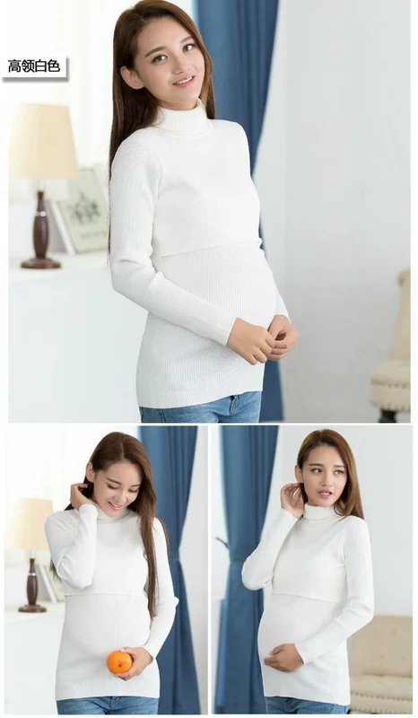 Cộng với phân bón XL quần áo bà bầu mùa thu đông mẫu len áo len dài tay bà bầu có thể cho con bú áo sơ mi ra ngoài váy bà bầu